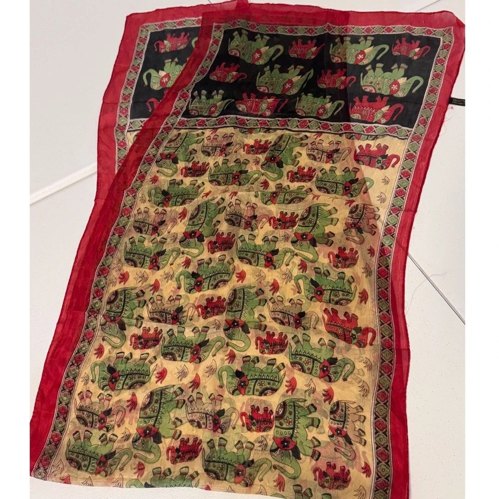 Vintage‎ 100% Pure Silk Elephant Print Scarf Red Green Gold Made in India 66